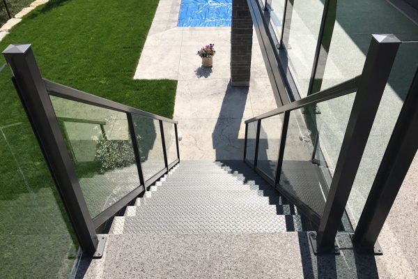 Glass Stairs in Flat Black/Signature Stone Plus Flint Weatherdek